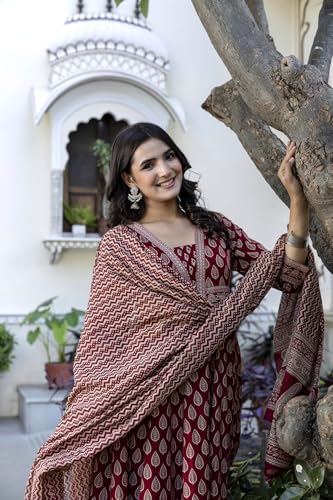 Image of GULMOHAR JAIPUR Women's Cotton Calf Length Printed Flared Kurta Palazzo and Dupatta Set