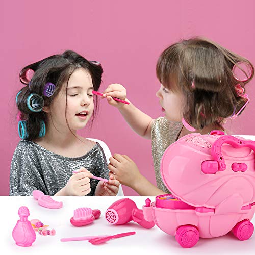 KKONES Pretend Makeup for Girls - 16 Piece Play Makeup Set- Exquisite Cosmetic case with Colorful LED and Music - Realistic Toys Makeup Set for Girls Party Game Birthday Best Gift - Thumbnail 2