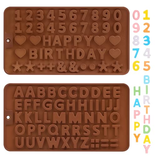 2 Pcs Letter and Number Silicone Molds Alphabets and Numbers Chocolate Molds Happy Birthday Baking Molds for DIY Chocolates Candies Desserts Gummies Cake Decoration