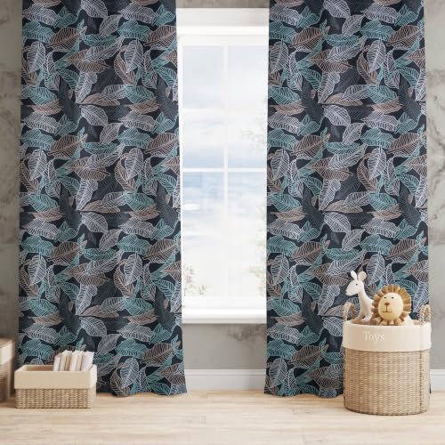 Image of Leaf Printed True Blackout Semi Long Door Curtains 8 Feet Set of 1 | Heavy Room Darkening Thermal Insulated Eyelet Parda for Living Room & Bedroom | Curtains with Tie Back (121x243cm, Black)