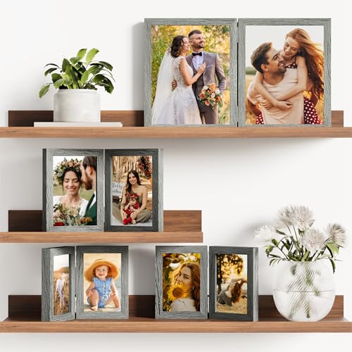 decorUhome Double 4x6 Picture Frame Vertical, Engineered Wood Bifold Photo Frame with Plexiglass for Tabletop Display, 4x6, Grey