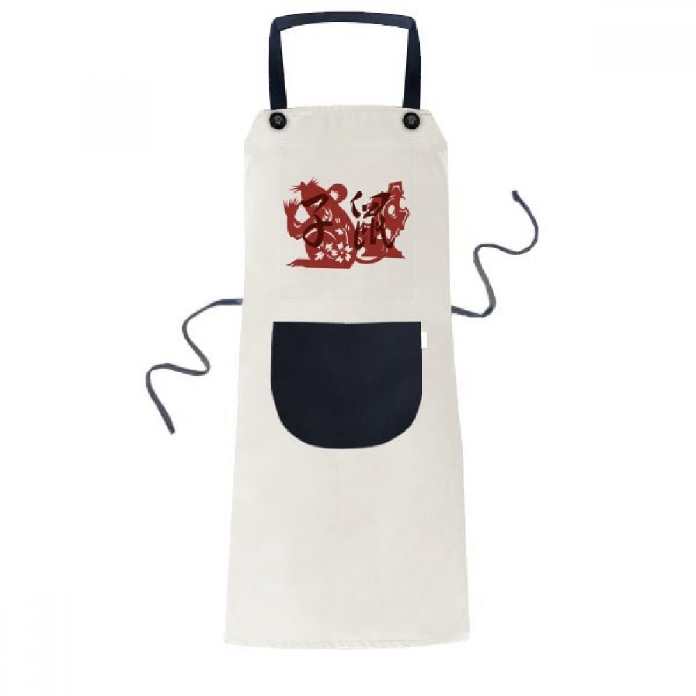 Tablier cuisine rat zodiaque chinois beige 70x67cm avec grande poche