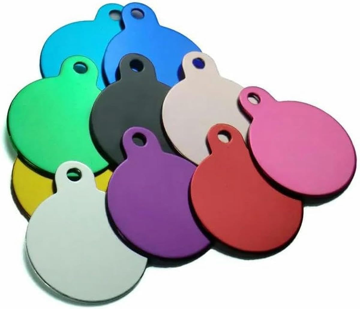 Lot de 100 étiquettes rondes en aluminium pour animaux de compagnie, personnalisables, pour identification de chien, en fourrure, vierges, avec nom et adresse de l'animal de compagnie, gravées sur me