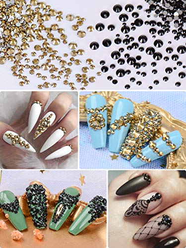 Spearlcable 5400 Pieces Crystal Nail Rhinestones Set Nail Gems Black And Gold Flat Back Round Beads Glass Charms For Crafts Nail Art Clothes Shoes Bags Diy 6 Mixed Size(Color B) #TOP4
