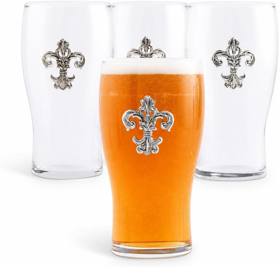 Arthur Court Fleur de Lis Beer Pint Glasses Set of 4 with Sand Casted Aluminum Emblems 18oz