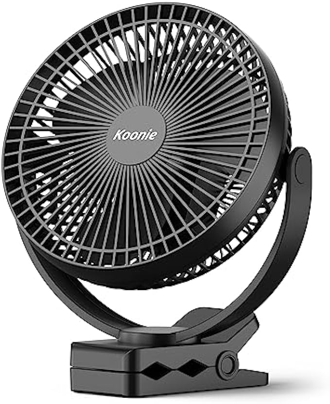 Koonie 10000mAh Clip on Fan Rechargeable, 8-Inch Battery Operated Desk Fan, USB Fan with 4 Speeds, Strong Airflow Sturdy Clamp for Golf Cart Office Desk Outdoor Travel Camping Tent Gym Treadmill,Black