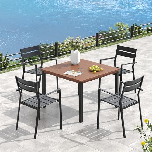 Image of VICLLAX Square Patio Dining Table for 4, Outdoor Patio Table with Umbrella Hole for Garden Lawn Deck Backyard, Walnut Tabletop