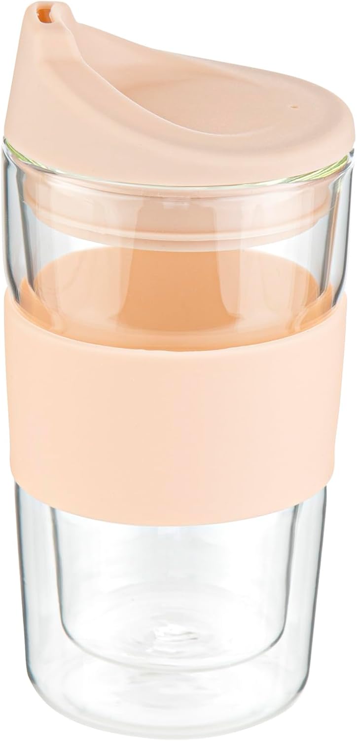Restaurantware Glass Travel Mug 1 Count 12 Ounce Double Wall Borosilicate Reusable Coffee Cup, Spill-Resistant Tan Silicone Lid, Clear Drinkware Mug for Hot and Cold Beverages