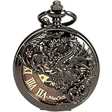 ManChDa Men's Skeleton Mechanical Engraved Pocket Watch Black Dragon Hollow Double Hunter Roman Numerals Dial Engraving Customization Custom Personalized Gift