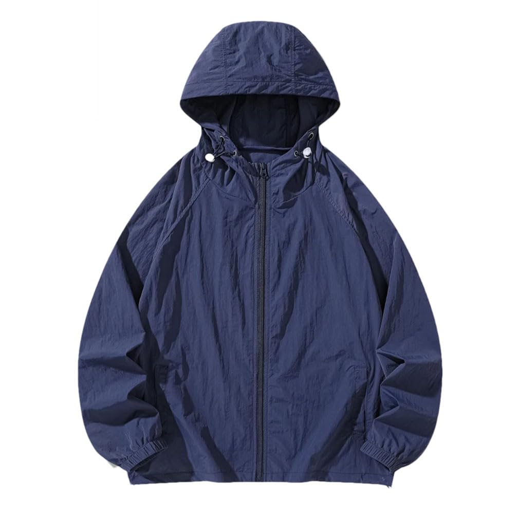 Men Long Sleeve Fishing Hiking Jackets Coat Men's Casual Solid Zipper Jacket Unisex Fishing Hooded Blue S