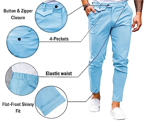 Image of Mens Chinos Slim Fit Pants Stretch Tapered Dress Pant Casual Trousers | Skinny Slacks, Flat Front Design, Stretch Cotton Fabric, Solid or Plaid, Work Dress Pants, Business Casual Wear