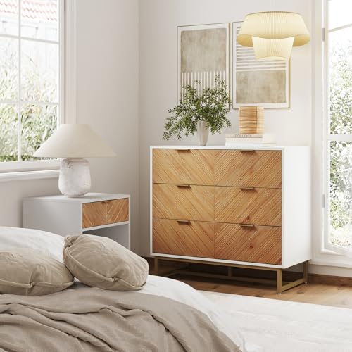 Image of Nathan James Enloe Boho 3-Drawer Dresser for Bedroom, Wood Dresser with Deep Drawers, Metal Legs and Drawer Pulls, White