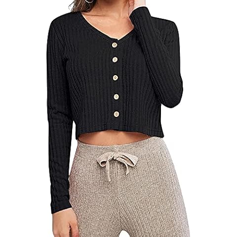 YODNBUK Women's Cardigans Button Down Ribbed Knitted Crop Top Open Front Ladies Jumpers Black Cover