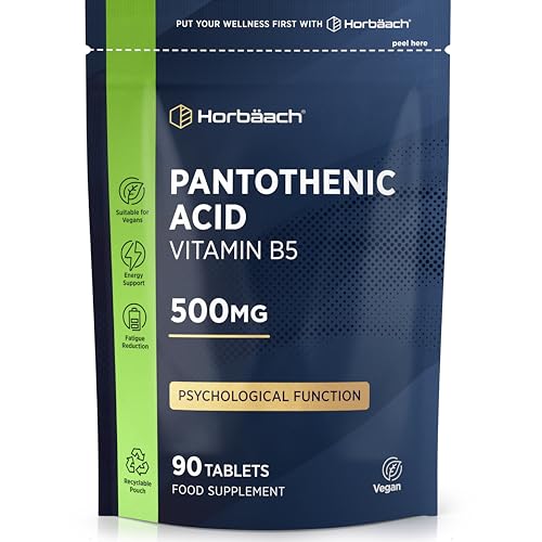 Vitamin B5 Pantothenic Acid 500mg | 90 Tablets | Supplement with Calcium Pantothenate | High Strength 8333% NRV Per Daily Dose | No Artificial Preservatives | by Horbaach