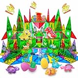 SKTMYY Magnetic Tiles Dinosaur Toys Set with Dinosaur Forest Theme, Including Dinosaur Magnetic Toys & Eggs, Plants, Volcano – Building Toys for Kids Ages 4-8, STEM Toys for 3+ Year Old Boys & Girls