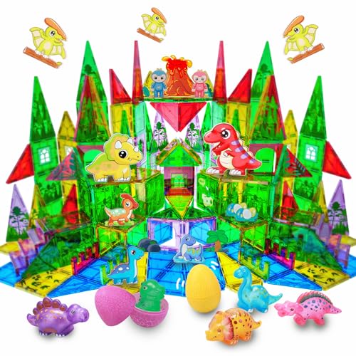 SKTMYY Magnetic Tiles Dinosaur Toys Set with Dinosaur Forest Theme, Including Dinosaur Magnetic Toys & Eggs, Plants, Volcano – Building Toys for Kids Ages 4-8, STEM Toys for 3+ Year Old Boys & Girls