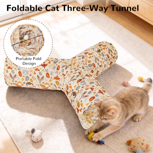 Image of Tempcore Cat Tunnel, 3-Way Collapsible Toy, Large Size Beige Deer | Large Size 3-Way Cat Tunnel Provides More Room for Cats to Run, Hide and Chase, with Peek Holes, Hanging Ball and Teaser Wand