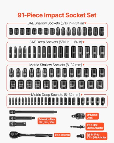 Image of VEVOR 91-Piece 1 /2 inch Drive Impact Socket Set, SAE (5 /16 inch to 1-1 /4 inch) & Metric (8 to 32 mm), CR-V, Deep & Shallow, 6 Point, Ratchet Handle, Universal Joint, Adapters, Extension Bars (3, 5, 10 in)