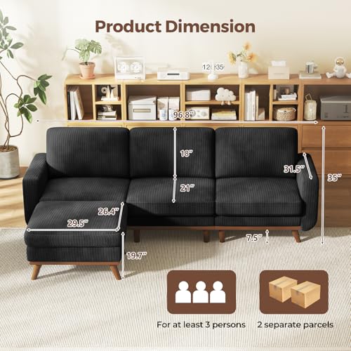 Image of Vesgantti 97 inch Modular Sectional Sofa Black, L-Shaped Couch with Movable Ottoman, Comfy Corduroy Couch with Spring Cushion, Modular Sofa with Deep Seat for Living Room, Bedroom and Apartment