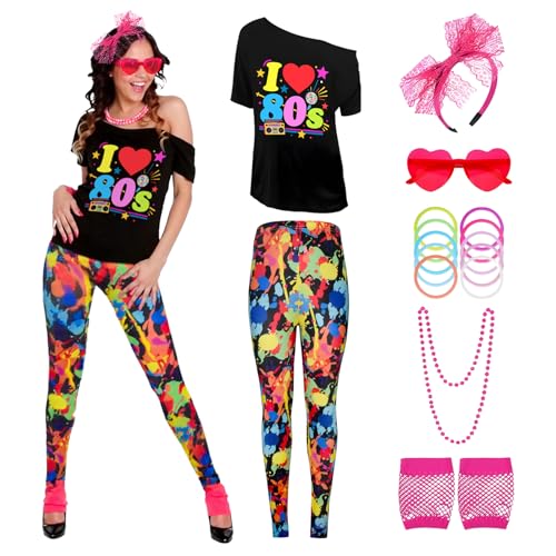 VEXOOM 80s Outfit for Women 80s Costumes Outfits Womans 80's shirts Print Leggings with accessories 1980s Halloween Costumes Set for Cosplay Theme Party XL