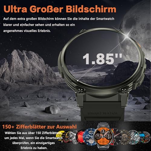 Smartwatch Herren, 1.85''HD Großbildschirm Smartwatch mit LED-Taschenlampe, Telefonfunktion/730mAh/IP68 Wasserdicht, 120+ Sportmodi Fitness Watch mit Herzfrequenz, Schlafmonitor für Android iOS – Bild 3