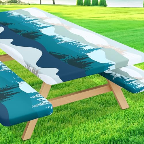 Moosfor Picnic Table Cover with Bench Covers Elastic Fitted Spandex Tablecloths for 6 Foot Rectangle Tables Stretch Washable Patio Tablecloth for Outdoor Camping (Forest 30x72)