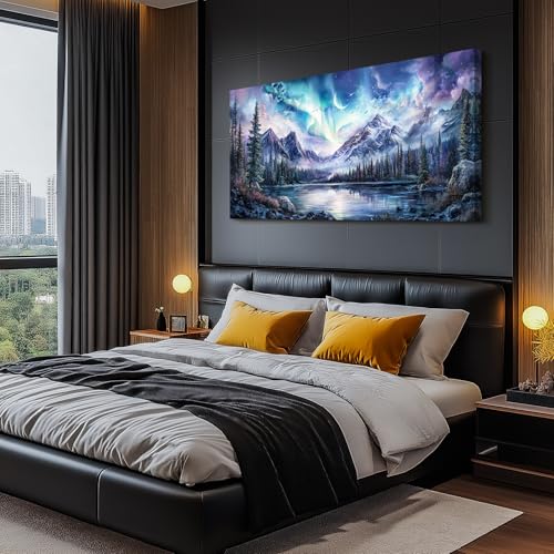 SERIMINO Landscape Large Wall Art for Living Room, Fantasy Aurora Scenic Canvas Prints, Mountain Forest Nightscape Aesthetic Wall Decor for Bedroom, Moon Stars Rustic Farmhouse Decor Pictures 30"X60"