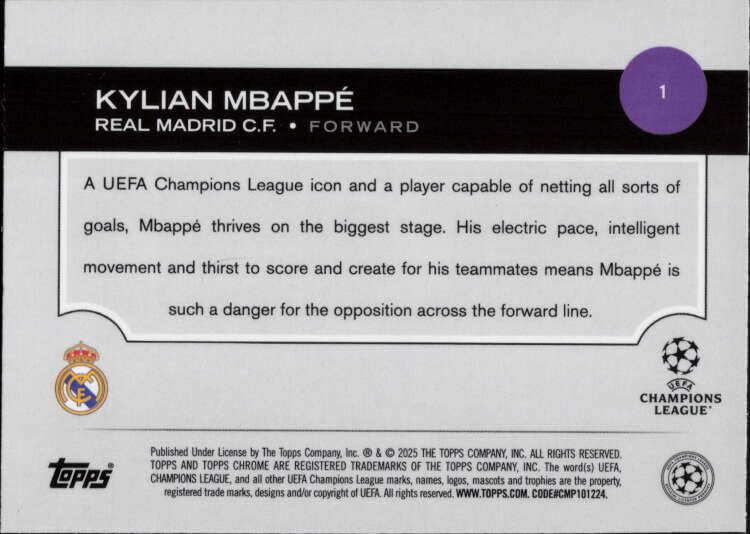 Amazon.com: 2024-25 Topps Chrome UEFA Club Competitions #1 Kylian