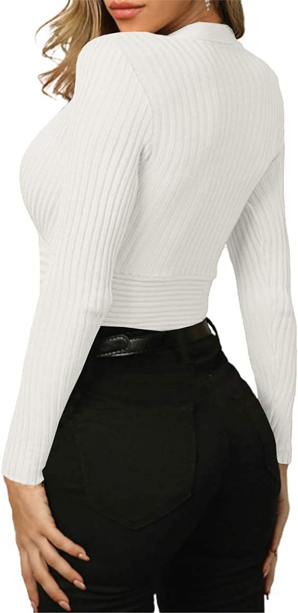 Fangetey Womens Deep V Neck Sexy Wrap Sweater Long Sleeve Slim-Fitted Knitted Jumper Top - Image 4