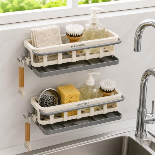 Image of Two Tone Hanging Drain Rack | Retractable Storage Rack | Sponge Drain Tray | Kitchen /Bathroom Sink Tray with Drying Basket | Kitchen Storage Organizer (2)