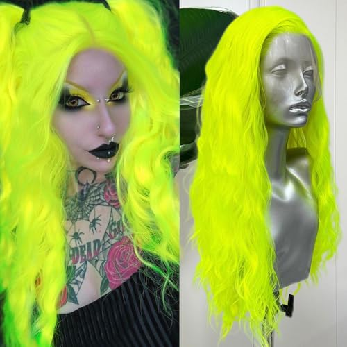 RONGDUOYI RDY Fluorescent Green Lace Front Synthetic Wig Loose Body Wave Heat Fiber Hair 24inches Long Wavy Lace Front Wigs for Women Half Hand Tied Wig Cosplay Daily Use Hair