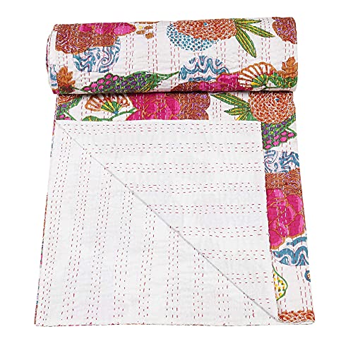 Marubhumi Indian Handmade Stitched Pure Cotton Fruit Print Kantha Quilt, Reversible Kantha Quilt (White, King (108"X 108")) #TOP1
