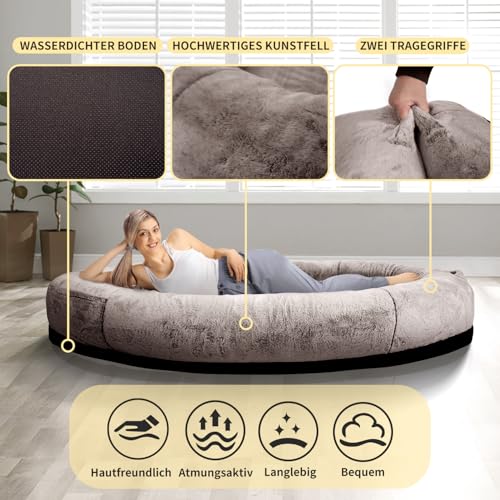FURRYFECTION Hundebett für Menschen, 180x114x35,6cm großes Hundebett in Menschengröße für Erwachsene und Haustiere, waschbarer Kunstfellbezug, riesiges Nickerchenbett mit Decke und Kissen