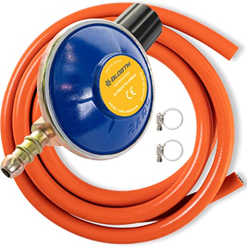 BLOSTM Régulateur de gaz de camping et tuyau – 30 mbar, réchaud de camping, avec tuyau de gaz de 2 mètres et 2 colliers de serrage – Compatible avec les bouteilles de gaz 907, 904 et 901