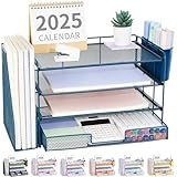 OPNICE Desk Organizer, 4-Tier Desktop File Organizer with Drawer and 2 Pen Holders, Office Desk Accessories, File Sorters, Workspace Organizers for Office Supplies(Dark Blue)