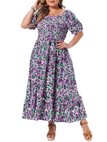 Image of Agnes Orinda Plus Size Dress for Women Short Sleeve Shirred Square Neck Floral Maxi Long Dresses