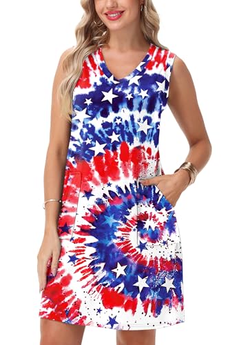 Image of Deerose Womens July 4th Sleeveless Dress American Flag Swim Cover Up Dress with Pockets