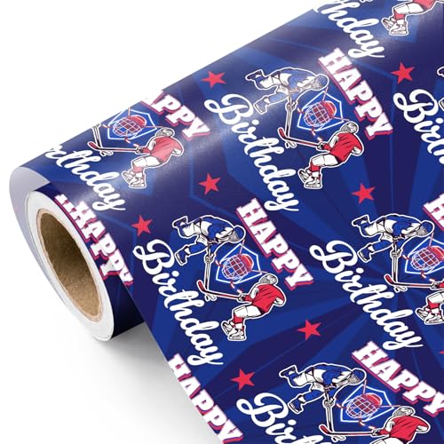 WRAPAHOLIC Hockey Birthday Wrapping Paper Roll - Mini Roll - 17 Inch x 16.5 Feet - Happy Birthday Sport Hockey Wrapping Paper for Boys Girls Kids Teens Sports Party Team Celebration
