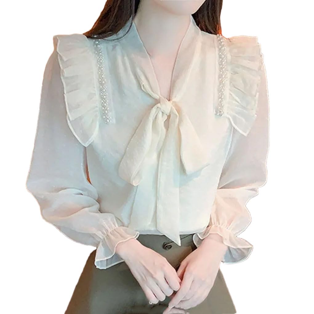 Blusa de manga larga para mujer, cuello de lazo, volantes, gasa, blusa regular