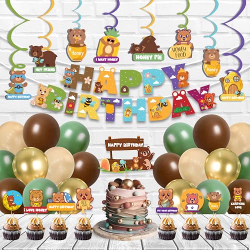 Image of Festiko Cardstock Set Of 51 Pcs Bear Theme Happy Birthday Combo (Banner, Swirls With Cutouts, Balloons, Cake & Cupcake Toppers), Bear Theme Birthday Decorations, Multicolor