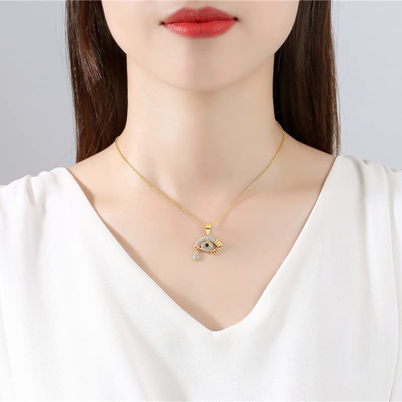 Solid 14K Gold Over 925 Silver Moissanite Evil Eye Pendant Necklace for Women,Dainty Blue Evil Eye Tear Drop Choker Necklace,Fashion Christmas Jewelry Gift for Her3