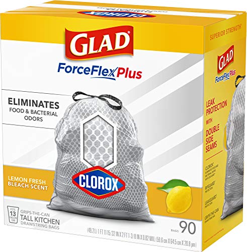 Glad Tall Kitchen Trash Bags ForceFlex Plus with Clorox, 13 Gallon, Lemon Fresh Bleach Scent 90 Count (Package May Vary)