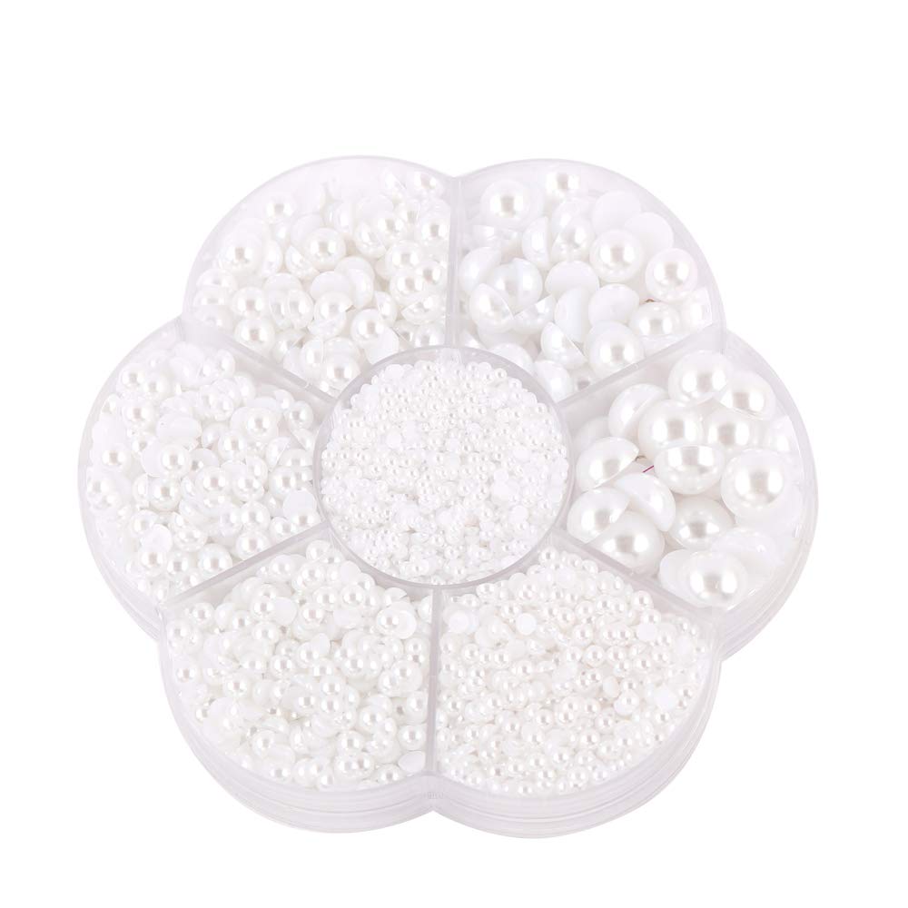 Approx 5600pcs Assorted 7 Sizes Half Round Flatback Pearl Beads DIY Craft Shoes Phone Nail Art Making Plastic Box(White)