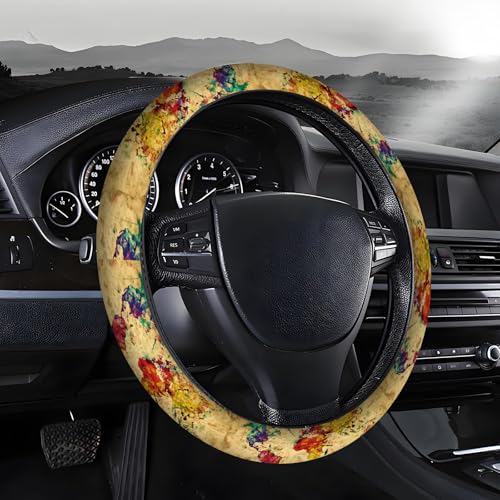 AOPEFNX Steering Wheel Covers for Car, Truck, and SUV, Cute Non-Slip Breathable Elastic Steering Wheel, Car Accessories, Universal 15 Inch Leather Cover for Men Women Retro World Map