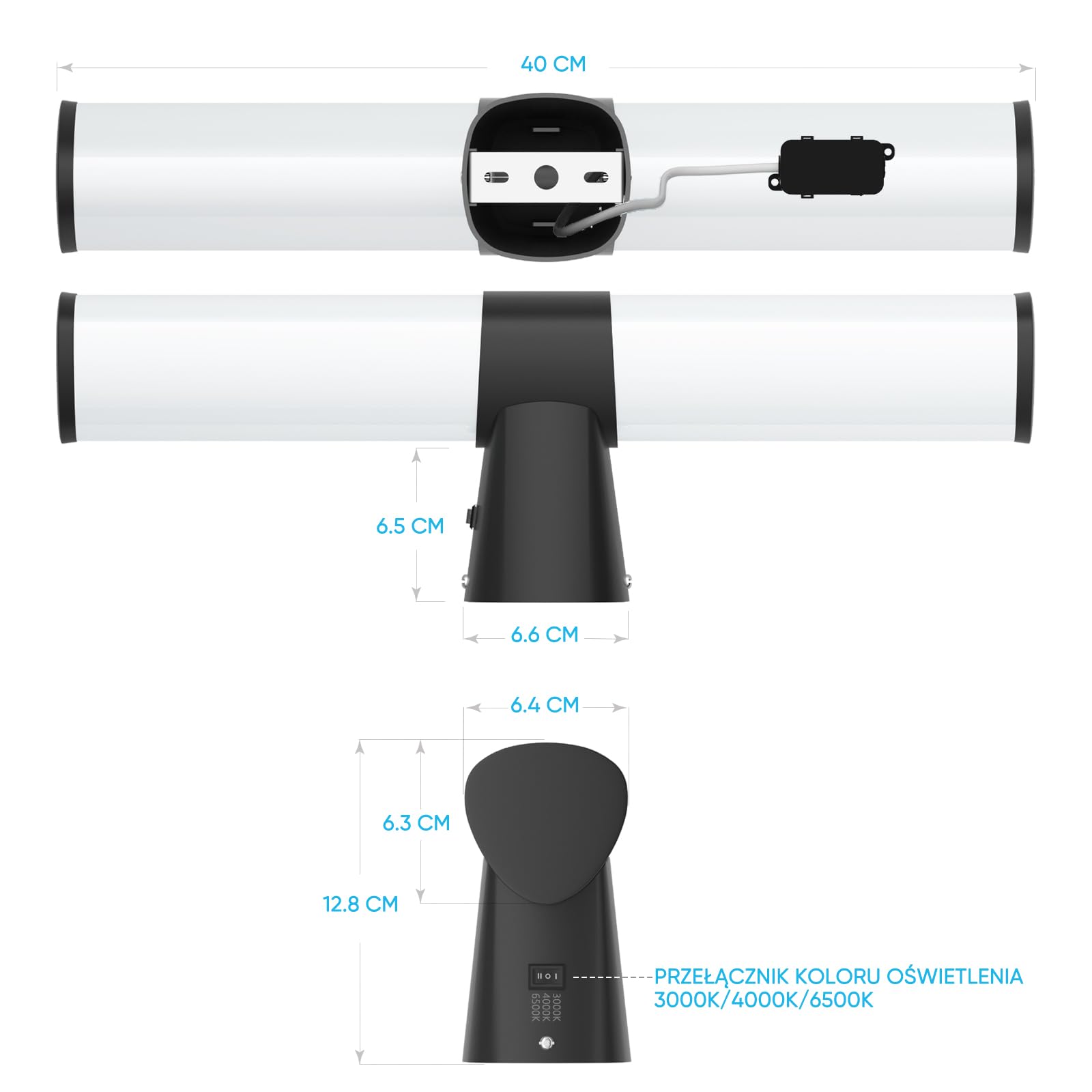 Lampa Łazienkowa Scienna LED nad Lustro lub Szafkę Łazienkową Matowa Czarna, Wodoodporny IP44, Szerokość 40CM, Nie Można Ściemniać, 3 Tryby Kolorów Oświetlenia