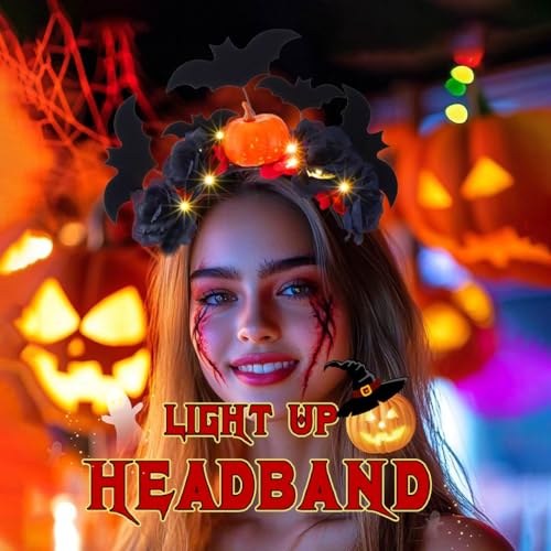 Evlry LED-Halloween-Blumenkrone, Stirnband, beleuchtet, Kürbis-Kopfschmuck, Tag der Toten, Kopfbedeckung, schwarze Fledermäuse, Kranz, Haargirlande für Frauen