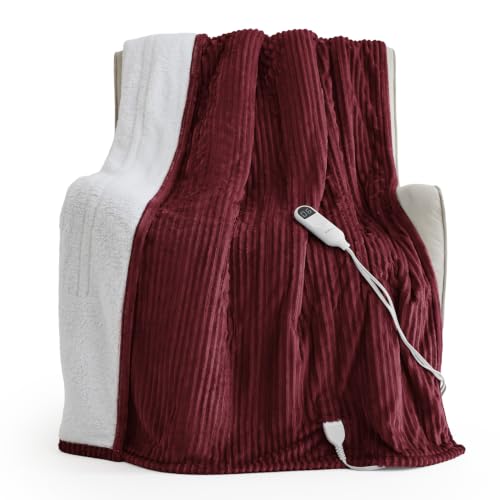 Image of Bedsure Ribbed Heated Blanket Throw XL, Burgundy Electric Blanket, Preheat