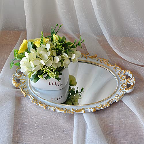 Yamfurga Oval Decorative Mirror Tray, French Style Flower Frame, Makeup Organizer, Jewelry Organizer, Serving Tray, 9.8