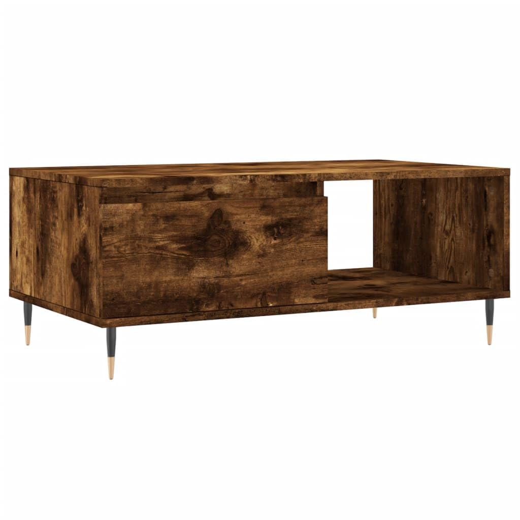 Mesa de centro de roble ahumado 90 × 50 × 36,5 cm, madera, patas de metal, cajón, estante, salón, dormitorio, balcón