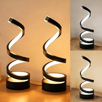 Spiral LED Table Lamp, 3 Color Temperatures Dimmable Bedside Lamps, USB Powered Desk Light, Black Spiral Stepless Dimmable Table Lamps for Bedroom Living Room Office (2 Pack)